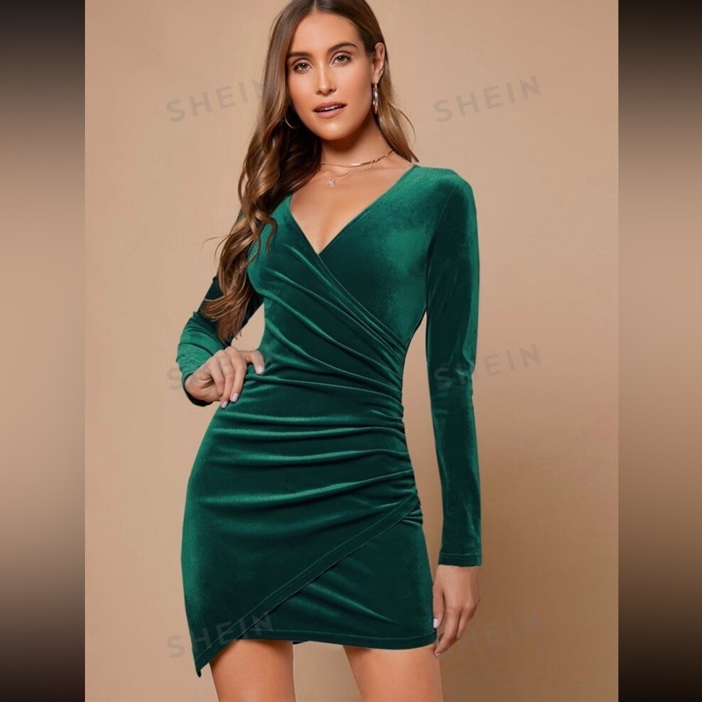 SHEIN Women Green Velvet Wrap Front Ruched Long Sleeve Mini Bodycon Dress Large